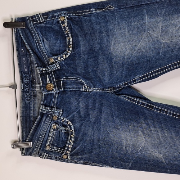 Grace in LA Bootcut Wing Bling Button Flap Back Pockets Size 27 - Picture 3 of 17